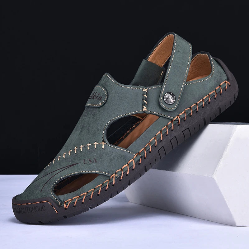 New Handmade Summer Sandals Men Breathable Leather Shoes Man Outdoor Men Sandals Antiskid Beach Sandals Hollow Shoes Fashion Pi-Mart