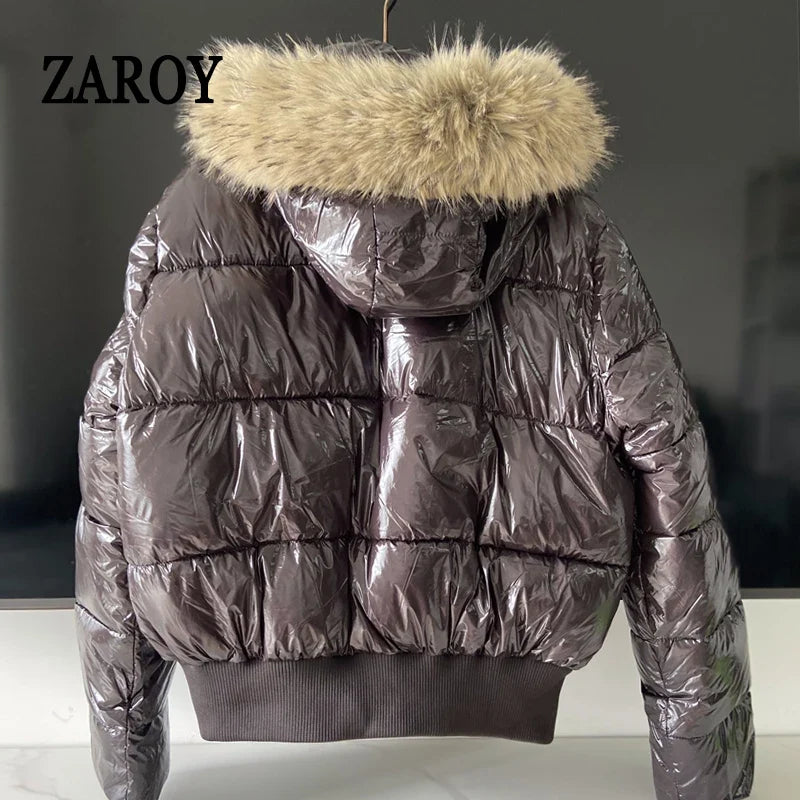 Russian Winter Warm Faux Fur Hooded Quilted Puffer Jacket Women Y2K Retro Padded Short Coat Casual Parka Glossy Outerwear куртка LadyShow.Store