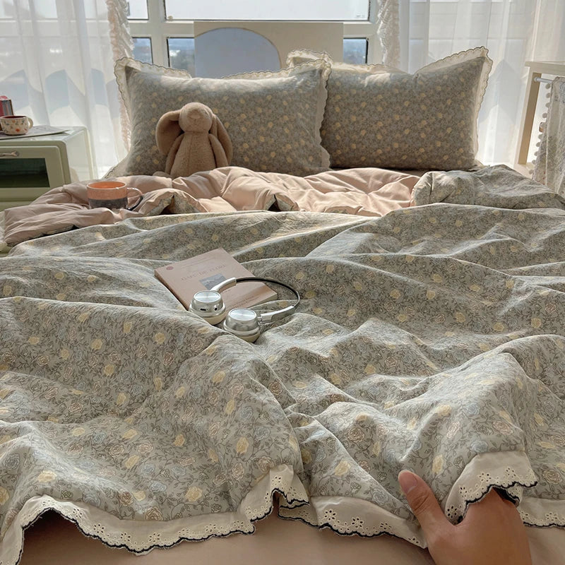 Summer Quilt Korean Style Duvet with Lace Single/Queen Size Comforter Flower Printed Quilted Blanket 여름이불 (No Pillowcase) Pi-Mart