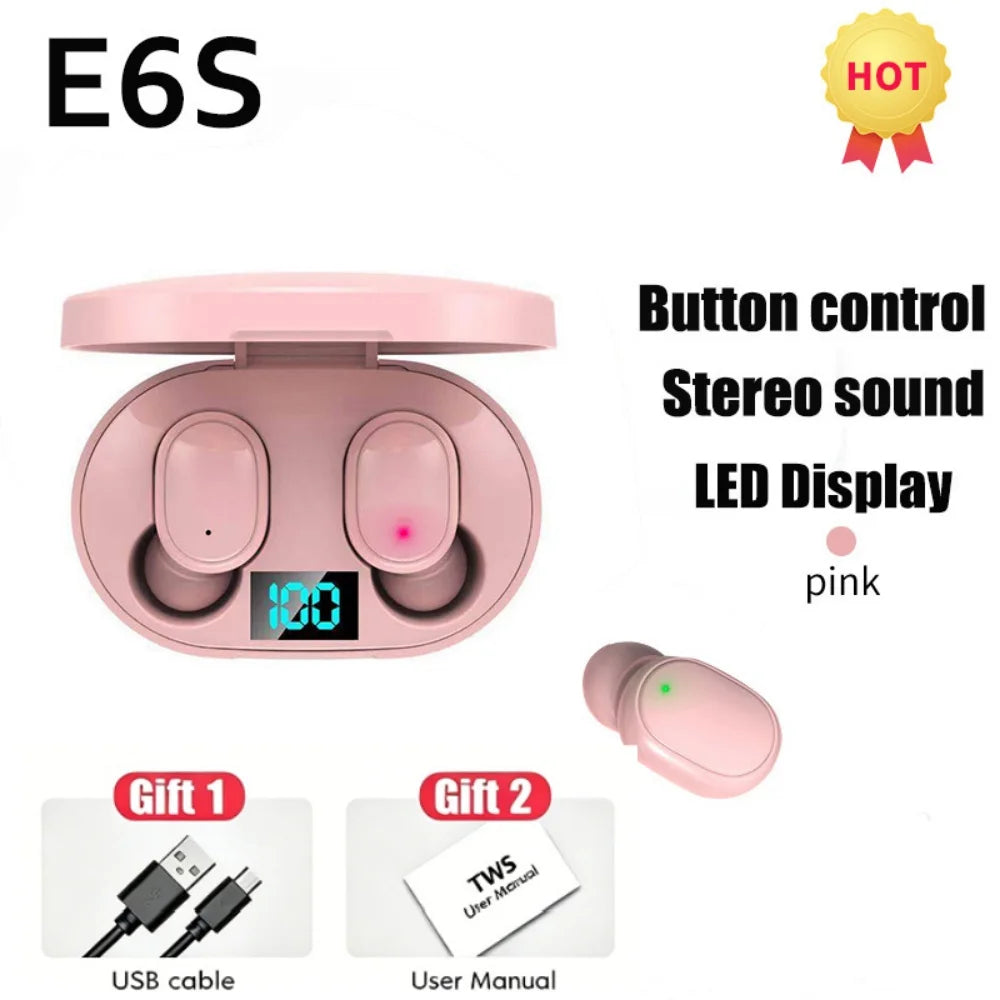 Digital Display Bluetooth Earphones with Mic TWS E6S Wireless Bluetooth Headset Noise Cancelling Headset for Xiaomi Huawei Oppo Pi-Mart