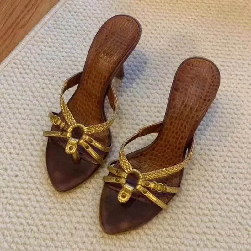 Women's Open-Toe Woven Cross Band Sandals Summer 2026 New Outdoor Wear Middle-aged Vintage Thin Heel Pointed Toe High Heels LadyShow.Store