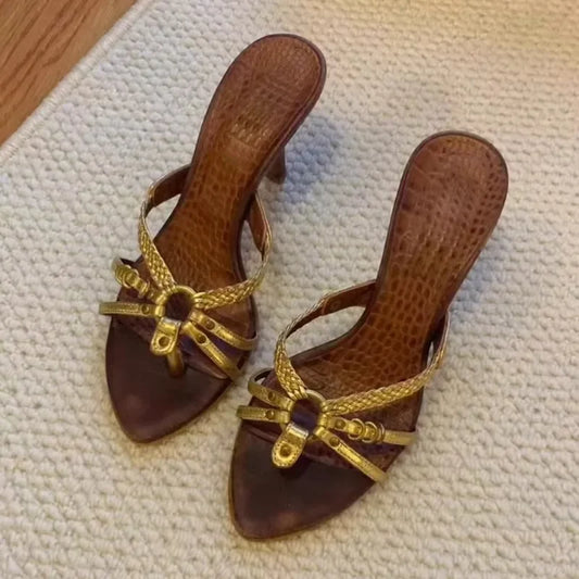 Women's Open-Toe Woven Cross Band Sandals Summer 2026 New Outdoor Wear Middle-aged Vintage Thin Heel Pointed Toe High Heels LadyShow.Store