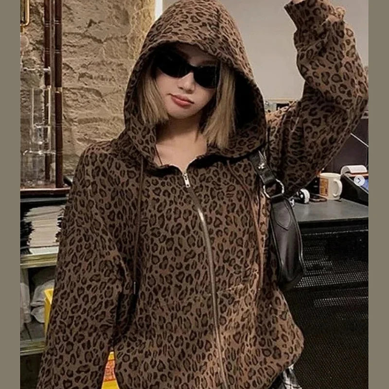 Y2K Leopard Print Hooded Jacket Women Full Zip Drawstring Hood Long Sleeve Loose Fit Streetwear Street Club Ladies Outerwear Pi-Mart