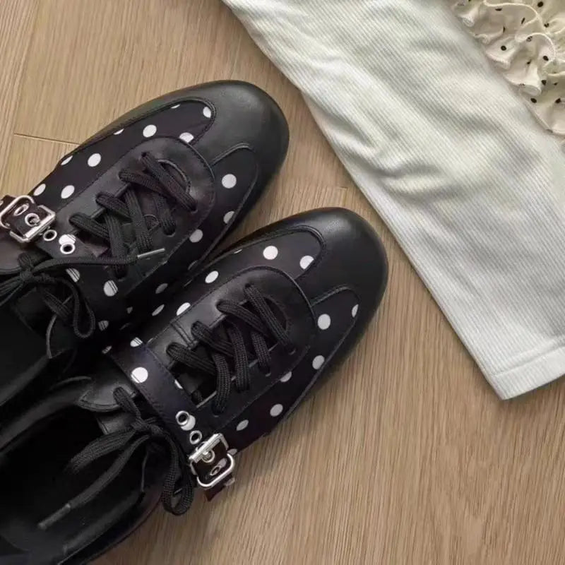 Korean Style Black Polka Dot Sneakers Women Spring 2026 Luxury Metal Decoration Designer Vulcanize Shoes Woman's Sports Shoes Pi-Mart