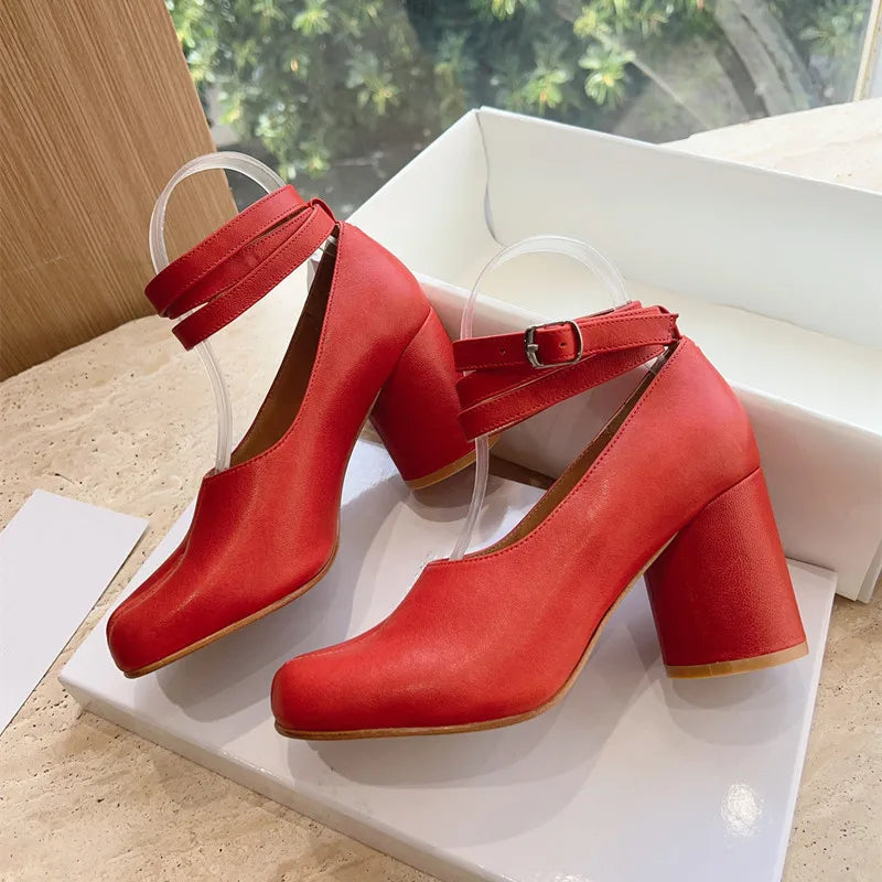 Ins style Vintage Soft Leather Split Toe Tabi Women Pumps Fashion Ankle Strap Thick High heels Spring Autumn Casual Chunky Shoes LadyShow.Store