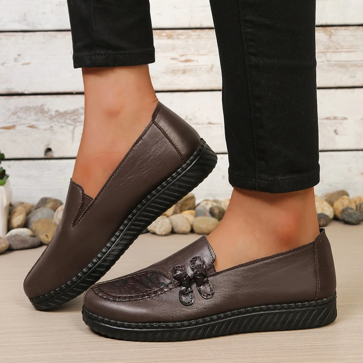 Women's Spring Autumn Leather Loafers Floral Embossed Slip‑On Flats Anti‑Slip Comfort Casual Mom Daily Walking Free Shipping Pi-Mart