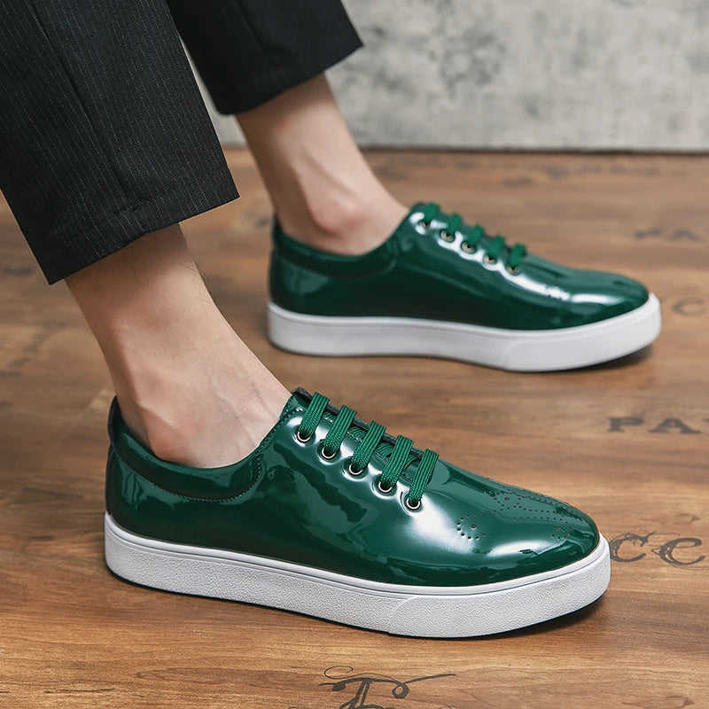 Spring Autumn Leather Shoes High Quality Patent Leather Casual Shoes Lace Up Sneakers Green Fashion Sole Designer Leather Shoes Pi-Mart