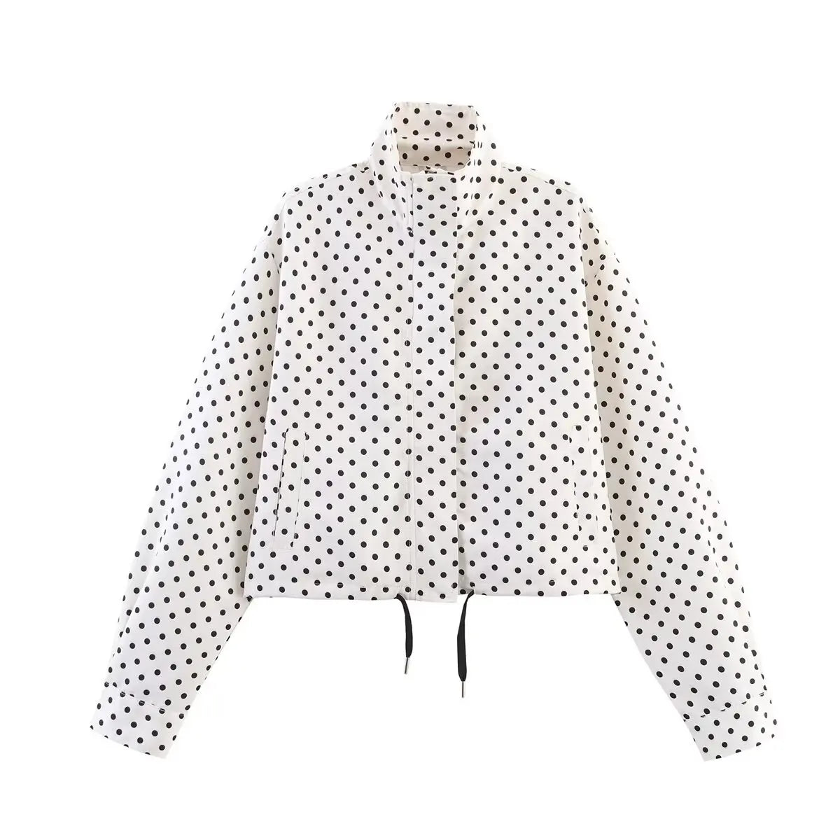 HH Fashion Women's Polka Dot Print Short Coats Autumn Long Sleeves Turtleneck Zipper With Pockets Drawstring Casual Jacket LadyShow.Store