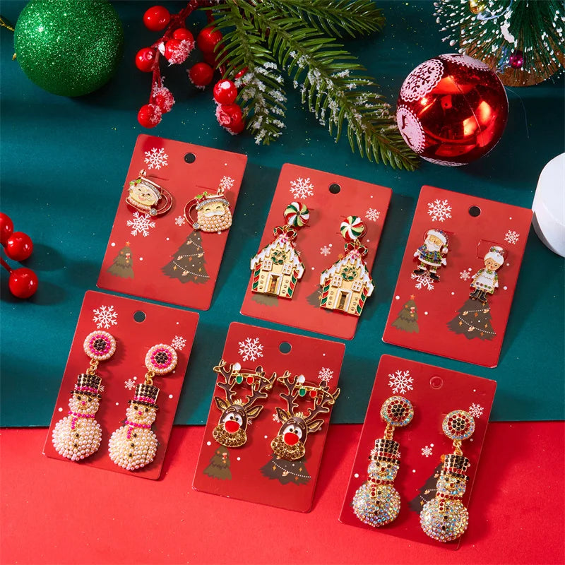 Creative Christmas Grandpa and Grandma Zircon Stud Earrings For Women White Pearl Crystal Snowman Elk Earring New Year Jewelry Pi-Mart