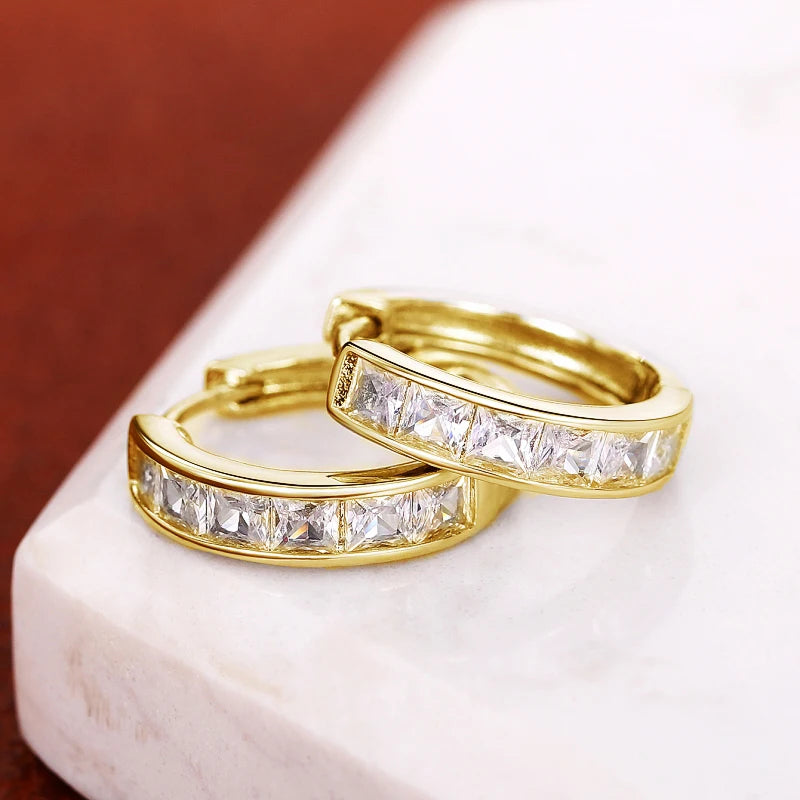 Huitan Hoop Earrings with Princess Cubic Zirconia Exquisite Ear Circle Earrings for Women Silver Color Fashion Versatile Jewelry Pi-Mart