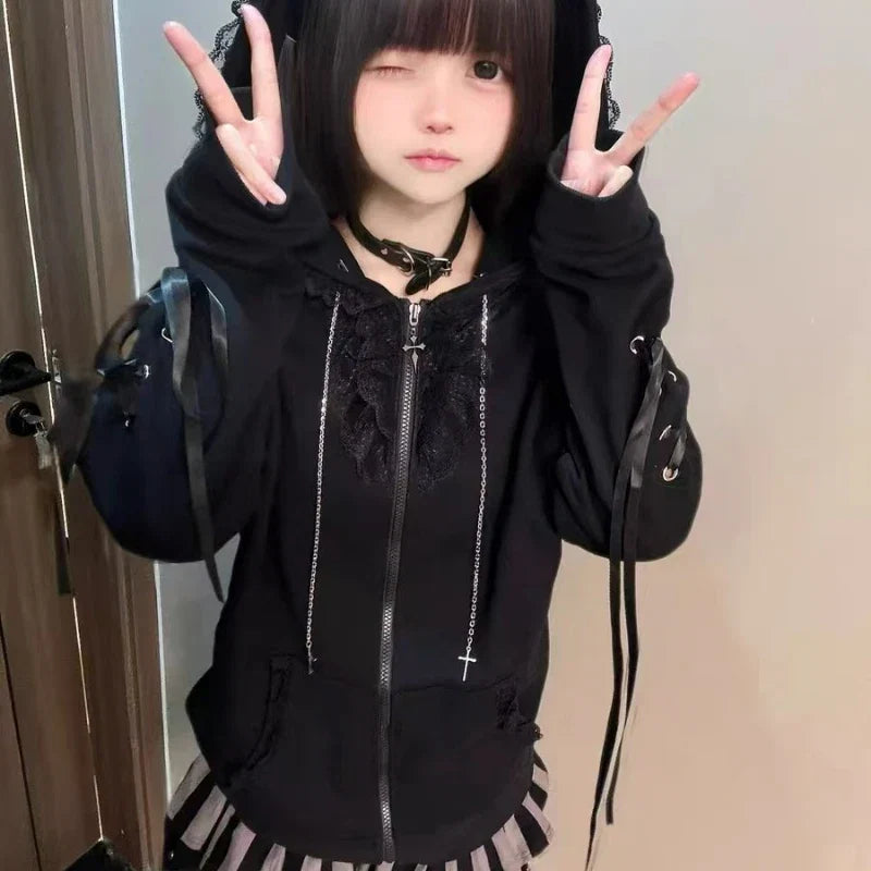 Japanese Kawaii Cat Ears Hooded Hoodies Women Y2k Aesthetic Grunge Casual Bandage Zipper Sweatshirt Fashion Trend Sportswear Top LadyShow.Store