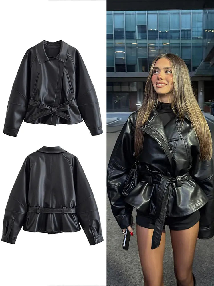 HH Women Fashion Black Short Faux Leather Trench Coat Long Sleeve Lapel Jacket With Belt Vintage Lady Motorcycle Jacket Outwear LadyShow.Store