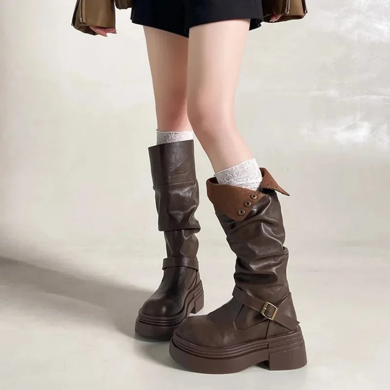Women's High Knee Boots, Chunky Platform Stacked Rider Boots, Spring/Autumn Two-Way Edgy Fold-Over Cuff Fashion Design LadyShow.Store