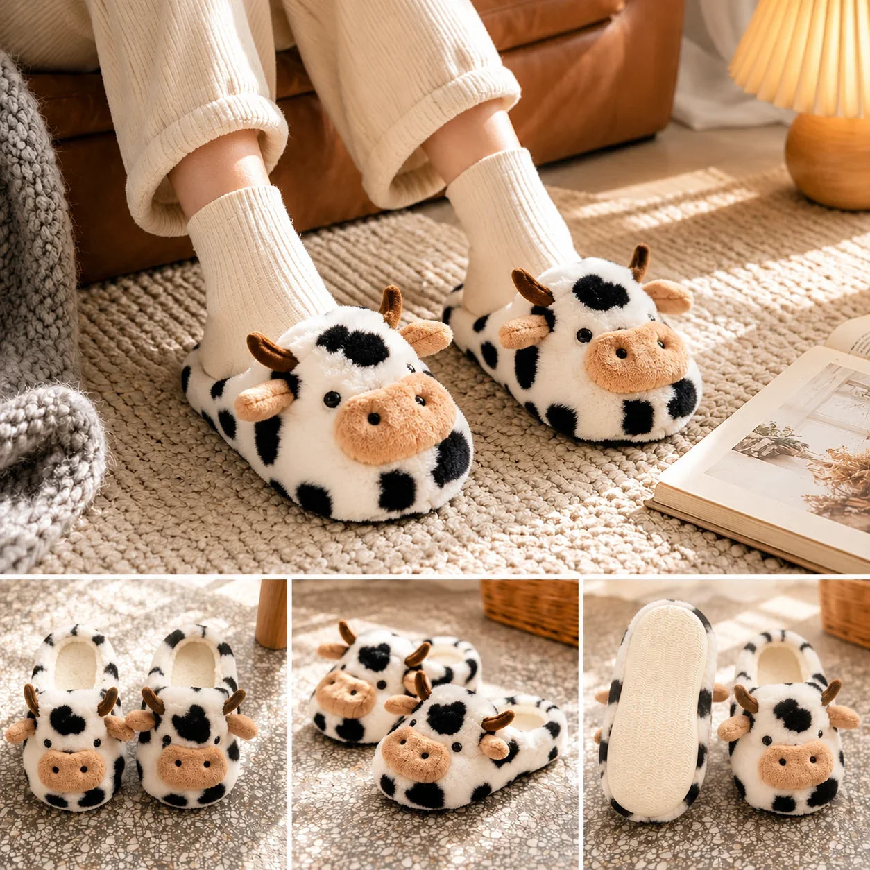 A Pair of Cute Cartoon 3D Cow Plush Slippers for Women, Comfortable Fluffy Home Slippers with Soft Soles for the Bedroom, Cute 3D Milk-Themed Warm Non-Slip Indoor Slippers, Lightweight and Silent Comfortable Shoes for Women, a Top Choice for Holiday Gifts LadyShow.Store