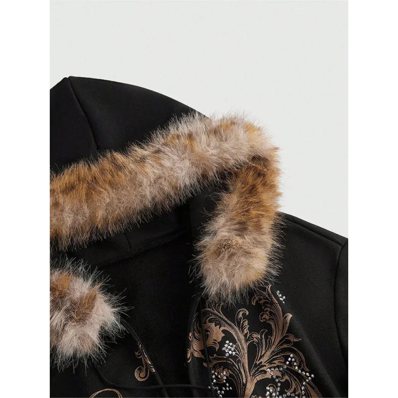Winter Warm Gothic Print Hoodie Women's Clothin Faux Fur Crop Top Zip-Up Sweatshirt Fashion Y2K Streetwear Hooded Jacket 2026New LadyShow.Store