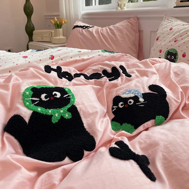 Cute Cat  Bedding Set For adults kids Brown pink Lovely Bed Sheet set With Pillowcases Colorful King Queen Full size LadyShow.Store