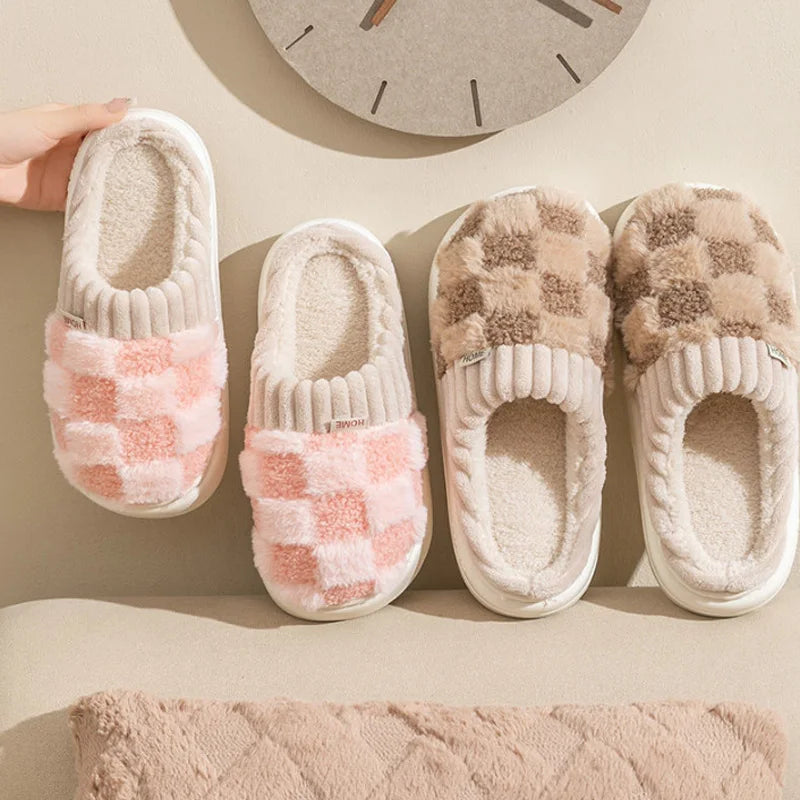 Fashion Couple Winter Slides Warm Plaid Fluffy Slippers Soft Sole Flip Flops For Women And Men Home Indoor Non-slip Cotton Shoes Pi-Mart