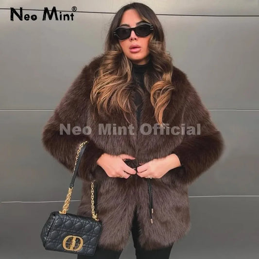 Neo Mint 2025 Winter Hot Brown Belted Faux Fur Coat Women Thick Warm Long Fox Fur Jacket Chic Brand Fashion Girls Furry Overcoat LadyShow.Store