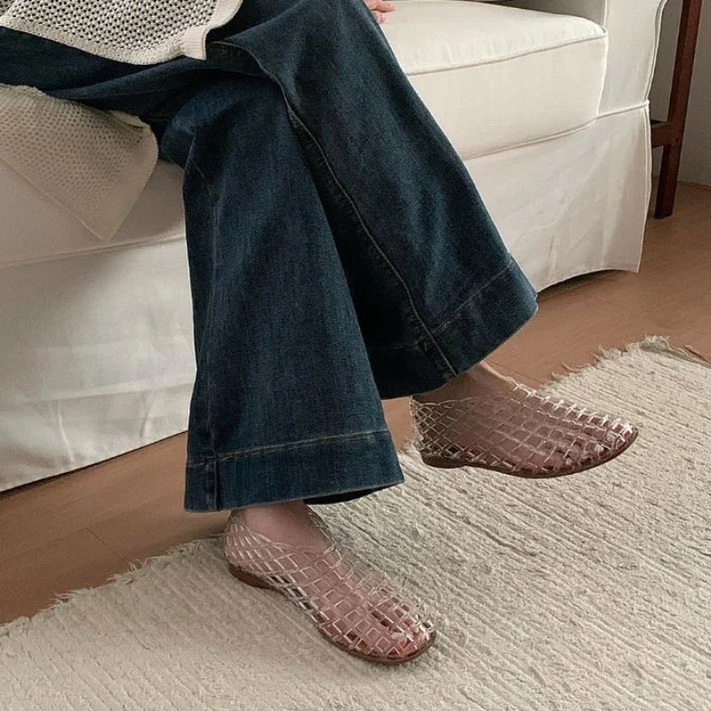 Women's New Flat Sandals with Hollow Transparent Color Mesh Jelly Shoes Woman Daily Walking Flats Plus Size 41 Soft PVC Footwear LadyShow.Store