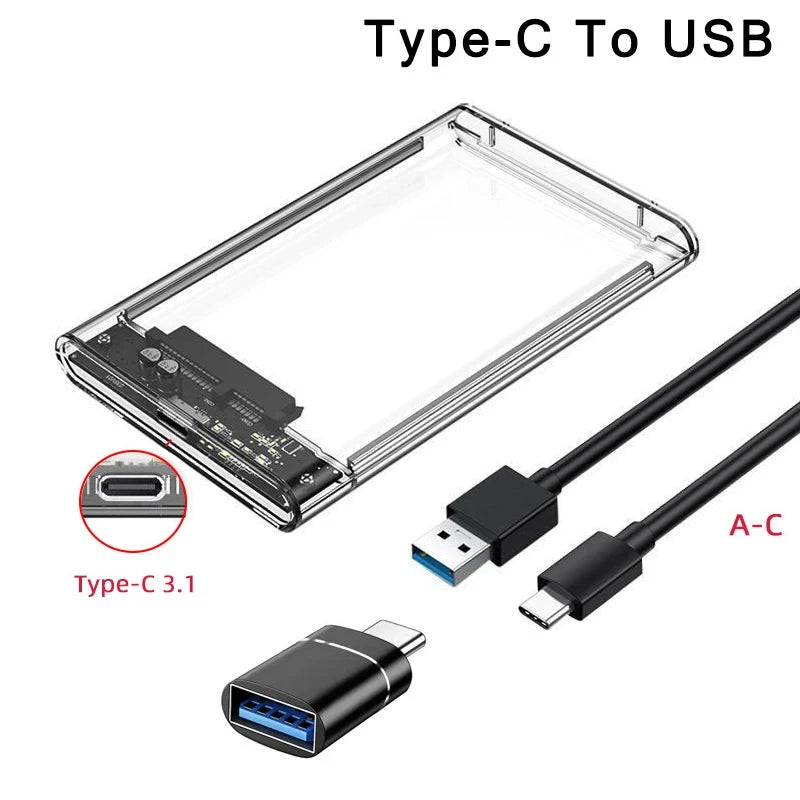 Transparent HDD Case HDD Enclosure 2.5 Inch SSD SATA To USB2.0 Type-C Adapter Portable External Hard Drive Box Tool-Free Pi-Mart
