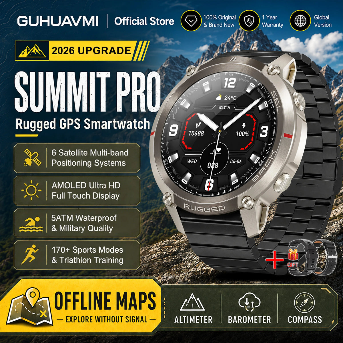 2026 Military Satellite Offline Map GPS Smart Watch Men 1.43''AMOLED Bluetooth Call Compass 5ATM Waterproof 170+Sport Smartwatch Pi-Mart