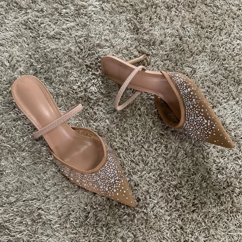 New Summer Women's Sandals Rhinestone Bright Mesh High Heels Footwear Elegant Slingback Pointed Slip on Party Lady Pumps Shoes LadyShow.Store