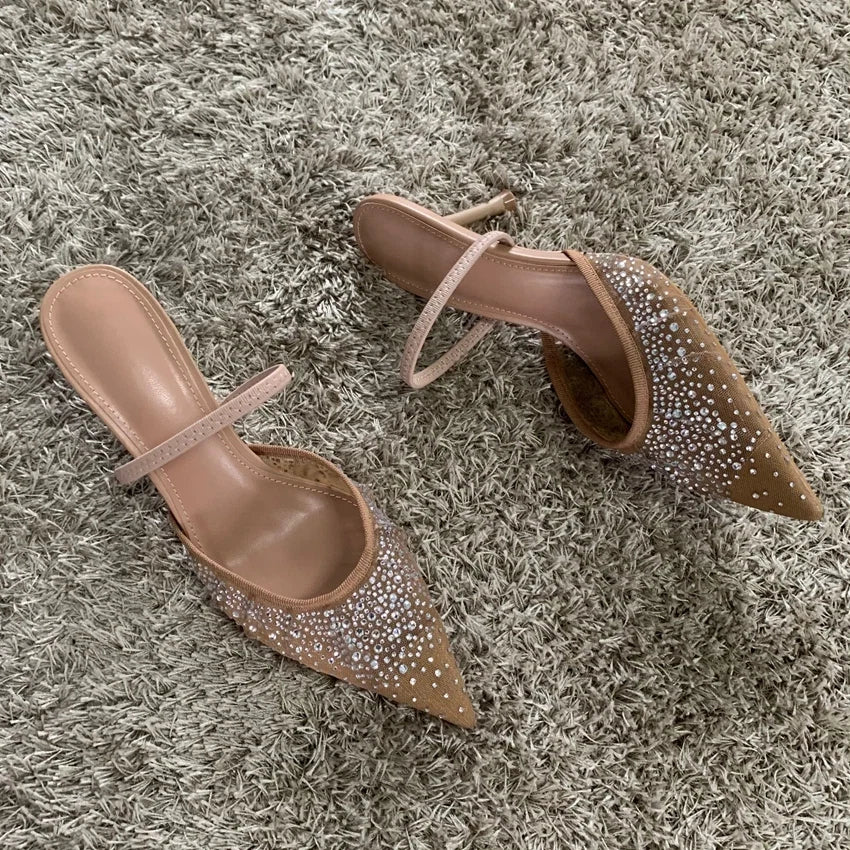New Summer Women's Sandals Rhinestone Bright Mesh High Heels Footwear Elegant Slingback Pointed Slip on Party Lady Pumps Shoes LadyShow.Store