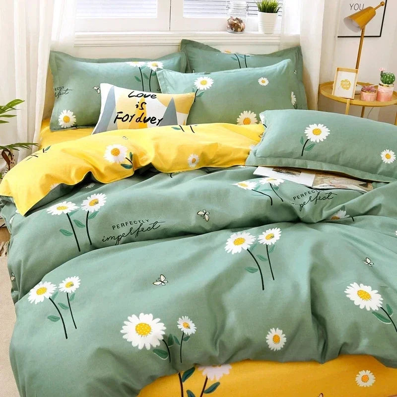 Daisy Printed King Size Duvet Cover Set with Sheets High Quality Washed Cotton Bedding Set Queen Home Bed Sets Comforter Covers LadyShow.Store