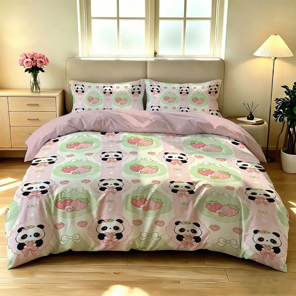 3pcs Cartoon Panda Print Coreless Duvet Cover Cool Summer Lightweight Bedding Set Multi Size Bedroom Bedding Decoration Pi-Mart