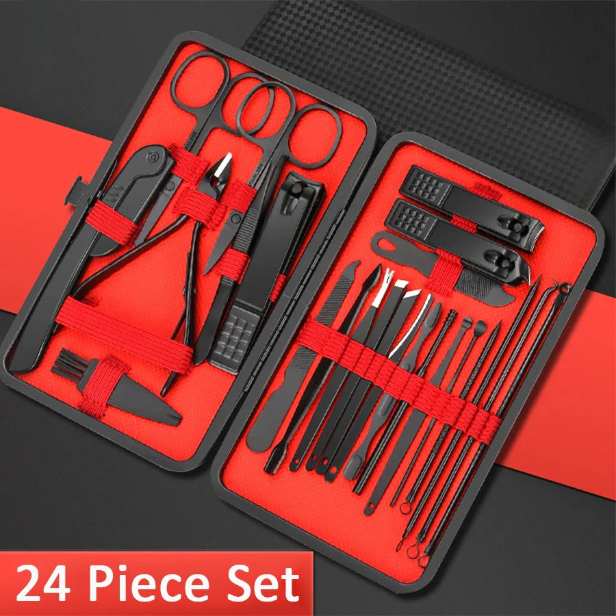 7/10/12/18/20/24PCS Set Professional Manicure Set Kits Stainless Steel Fingernail Toenail Clippers Set with Leather Portable Tri Light Beauty