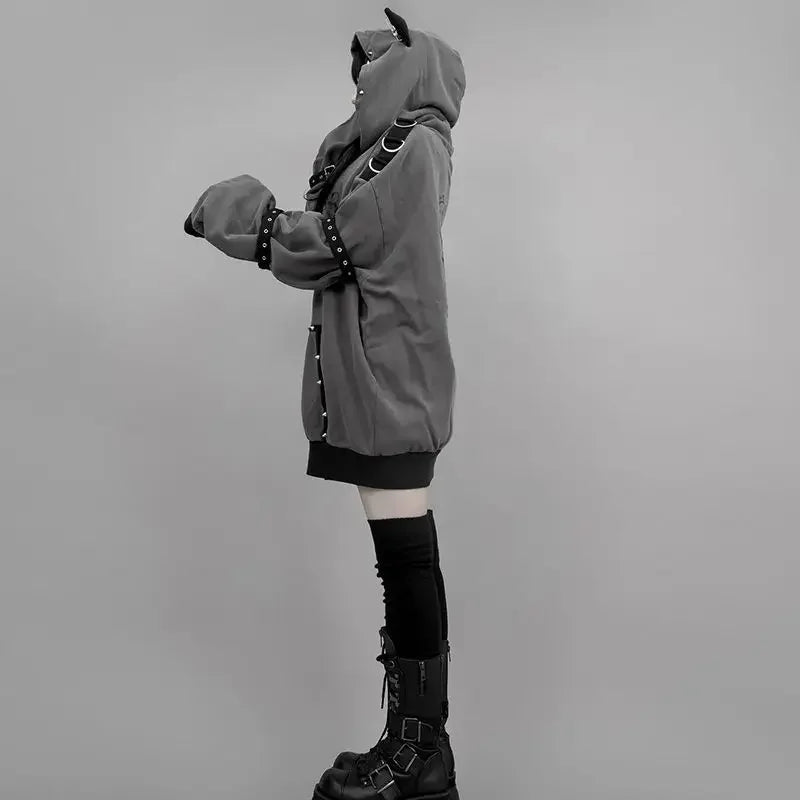 Streetwear Harajuku Hoodies Jackets Women's Clothing Hooded Punk Zipper Coat Japanese Rivet Print Fashion Casual Y2k Sweatshirts LadyShow.Store