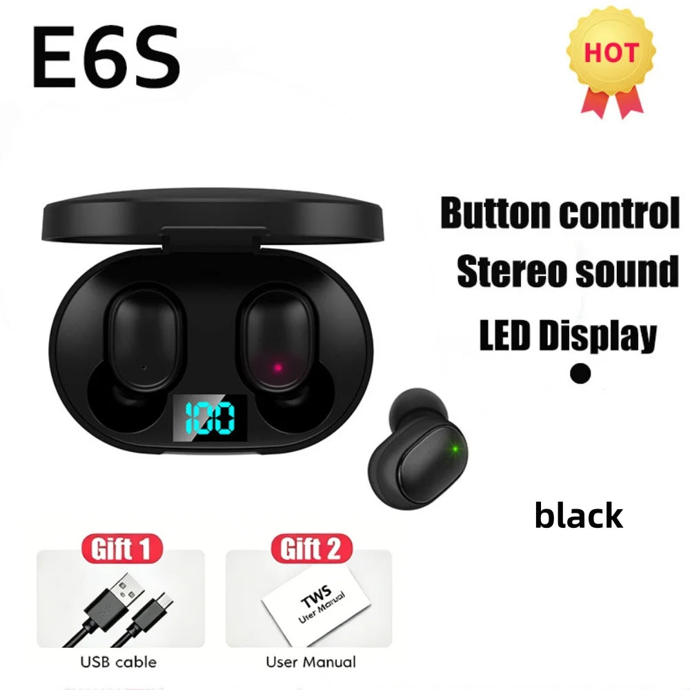Digital Display Bluetooth Earphones with Mic TWS E6S Wireless Bluetooth Headset Noise Cancelling Headset for Xiaomi Huawei Oppo Pi-Mart