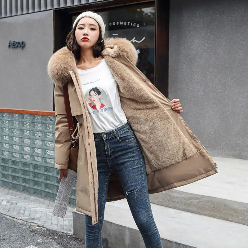 2026 New Winter Women Parka Fur Hooded Jackets Thicken Warm Cotton-padded Puffer Coat Casual Long Parkas Clothes Loose Outerwear LadyShow.Store