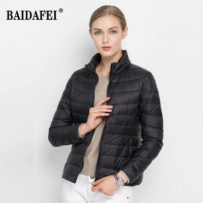 Women Short Puffer Jacket 2025 New Fashion Stand Collar Lightweight Water-Resistant Packable Female Down Parka Casual Coat LadyShow.Store