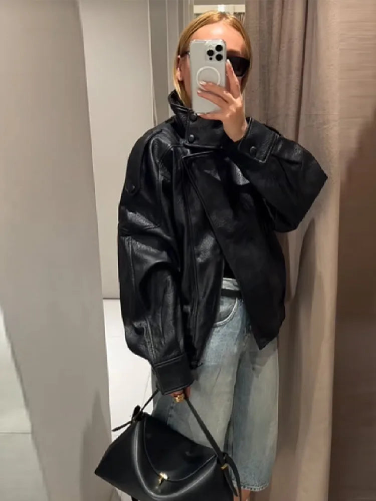 Women's Autumn Fashion Standing Collar Leather Jackets Windproof Loose Fold Coats Vintage Style High Street Outdoors Clothes LadyShow.Store