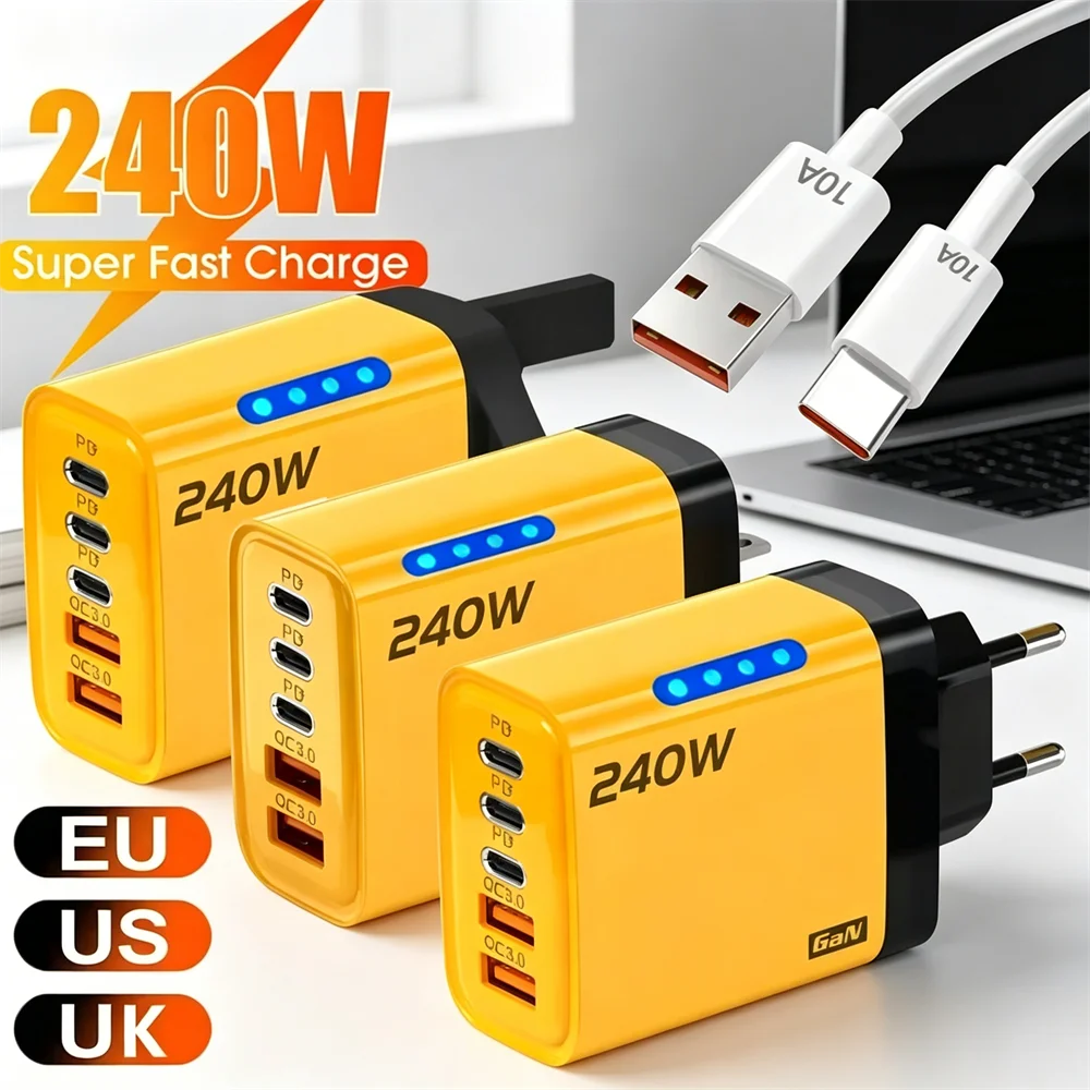 Type C USB 240W Fast Charging Charger GaN USB C Phone Charger Wall Adapter Quick Charge 3.0 With PD Cable For iPhone 17 Samsung Pi-Mart