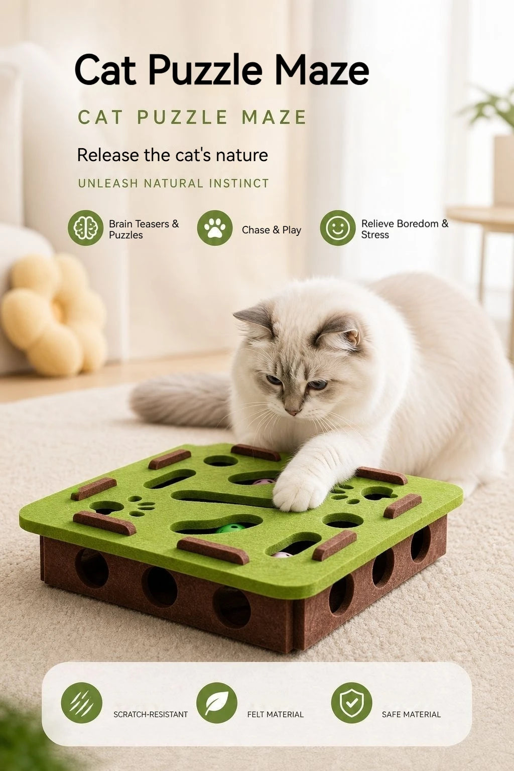 Interactive Cat Toy Felt Maze Box with Bell Ball Self Play Cat Teaser Box Stimulate Hunting Instinct Relieve Boredom Stress Pi-Mart