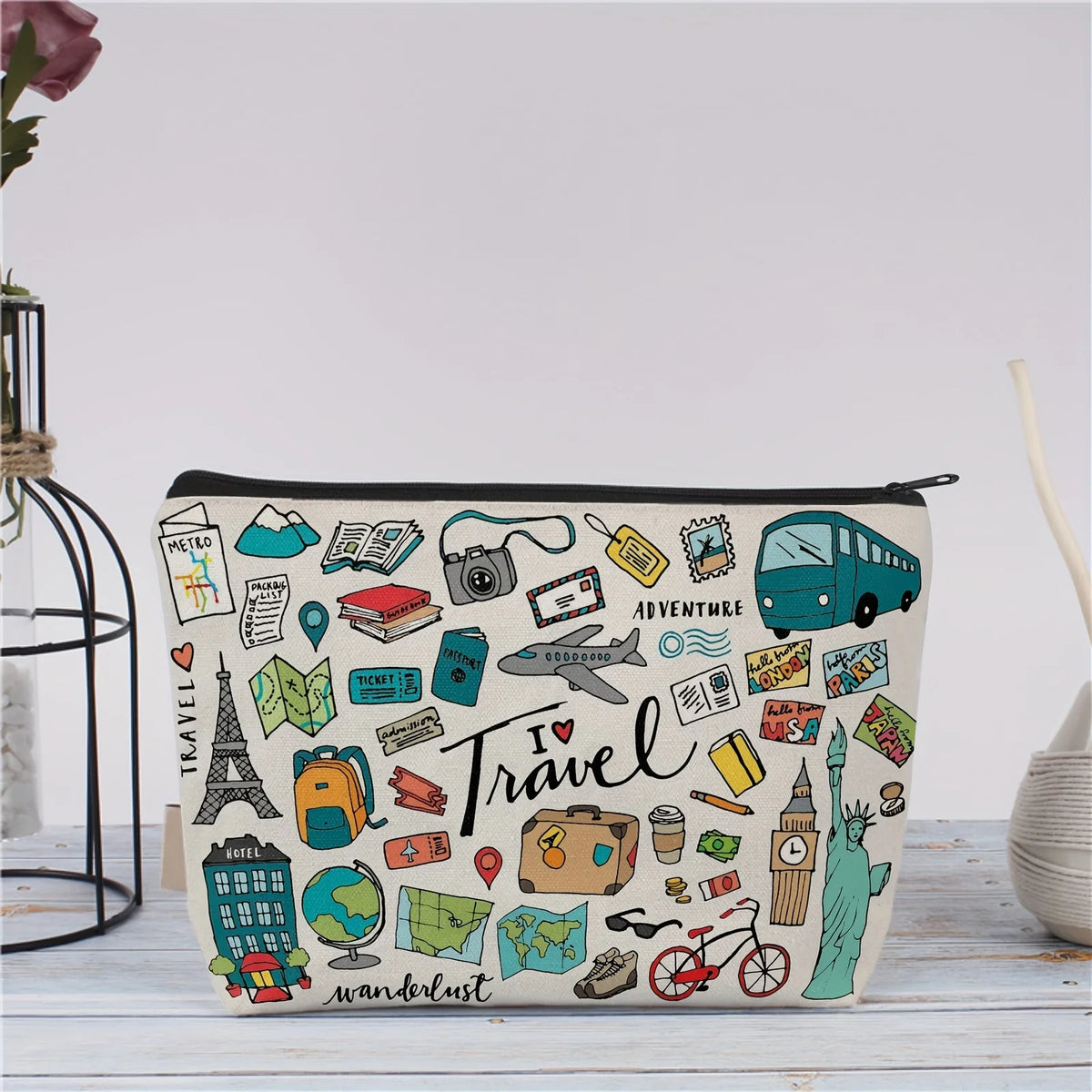 1 Travel-Themed Illustrated Makeup Bag - Multifunctional Zipper Pouch for Women, Jewelry Storage Bag, Perfect Travel Zipper Organizer, Fun Birthday Gift Pi-Mart