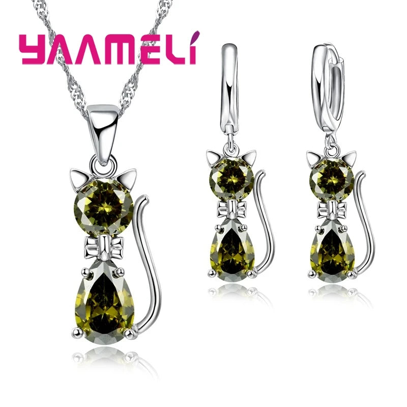 Real 925 Sterling Silver Color Jewelry Sets for Woman Girls Shining Austrian Crystal Cute Cat Pendant Necklace Huggie Earring Pi-Mart