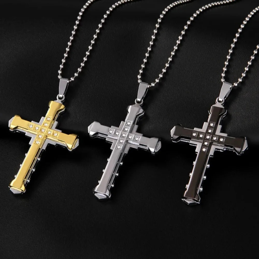 2024 New Male Crystal Cross Jesus Pendant Gold/Black/Blue Color Zirconia Cross Pendant Necklace Stainless Steel Jewelry Pi-Mart