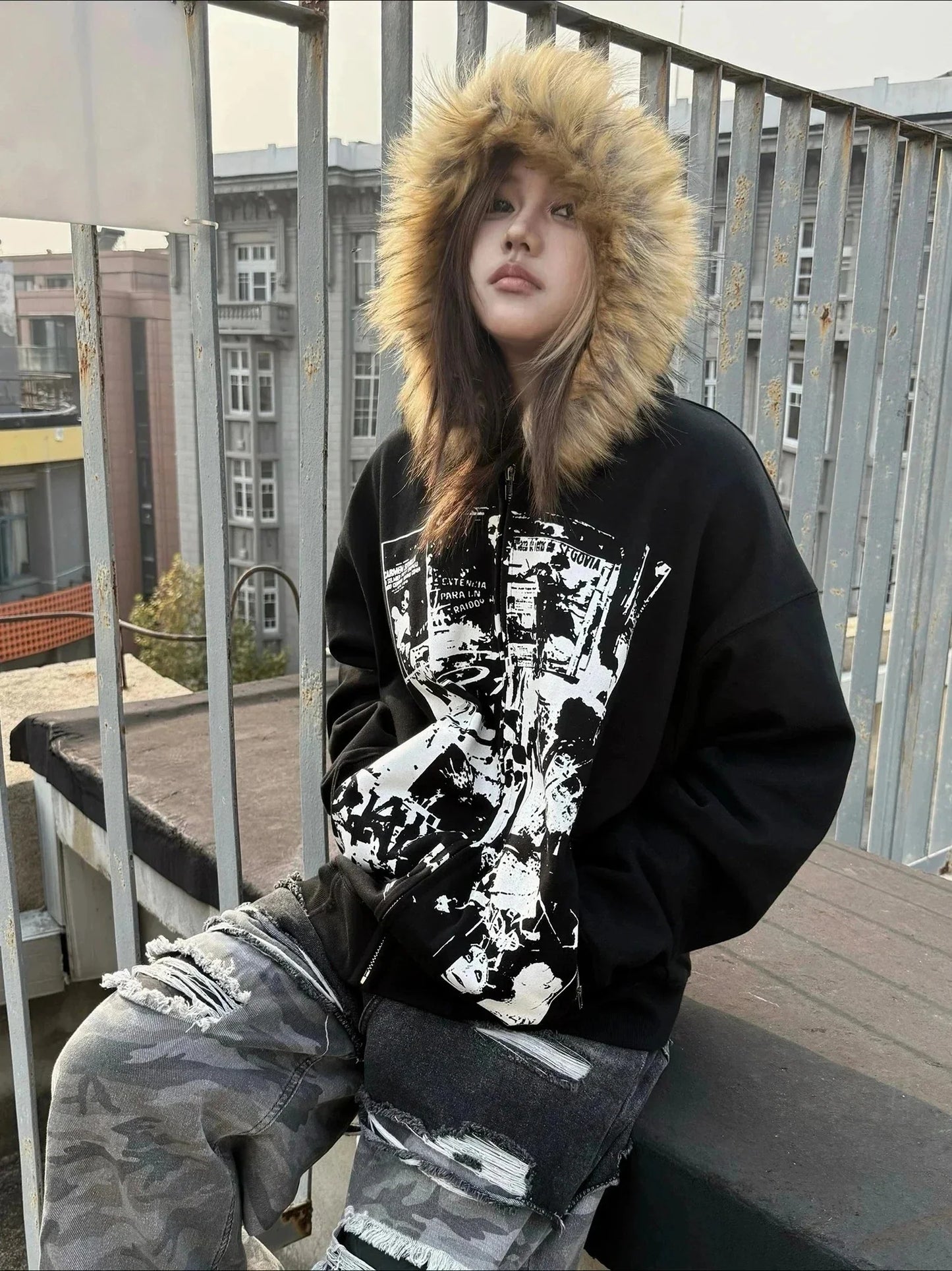 Korean Fashion Sweatshirts Harajuku Gothic Printed Coats Jackets Subculture Vintage Faux Fur Hooded Women Casual Y2k Clothing LadyShow.Store