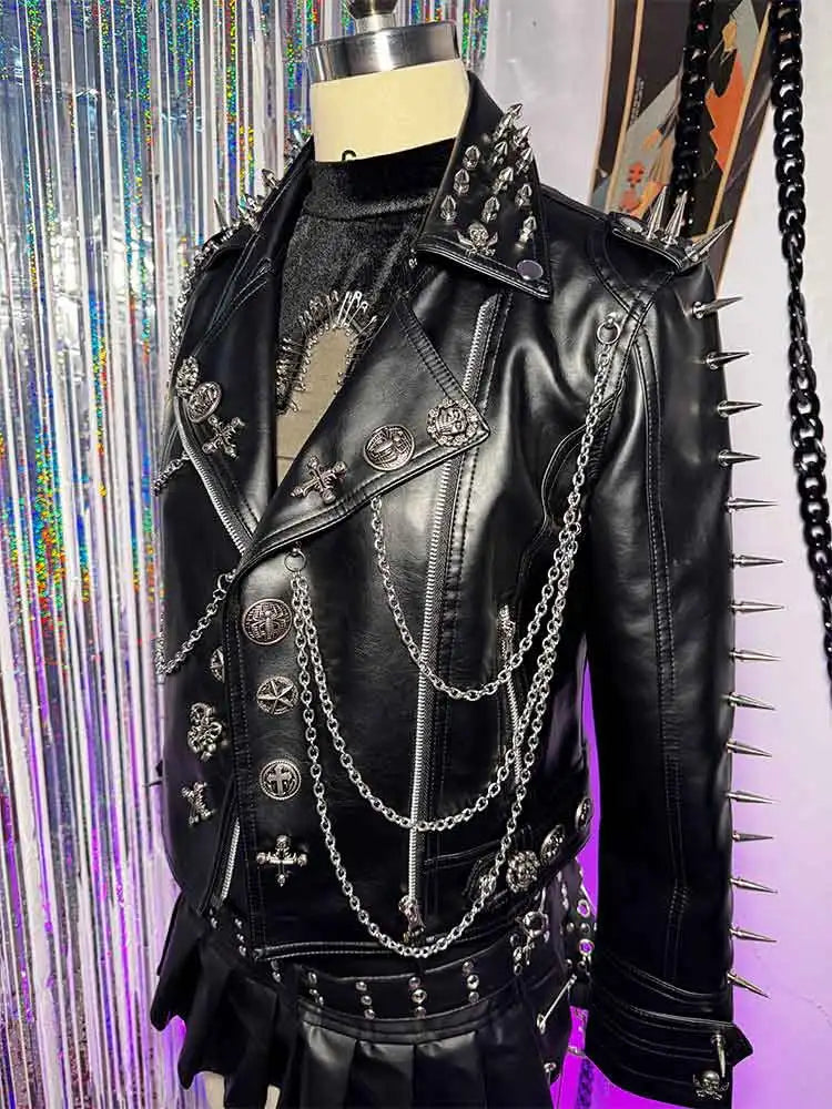 Y2K PU Leather Jacket Chain Skull Cross Punk Rock Street Wear Trendy Gothic Goth Cyber Harajuku Glitch Core Club Wear E-Girls Pi-Mart