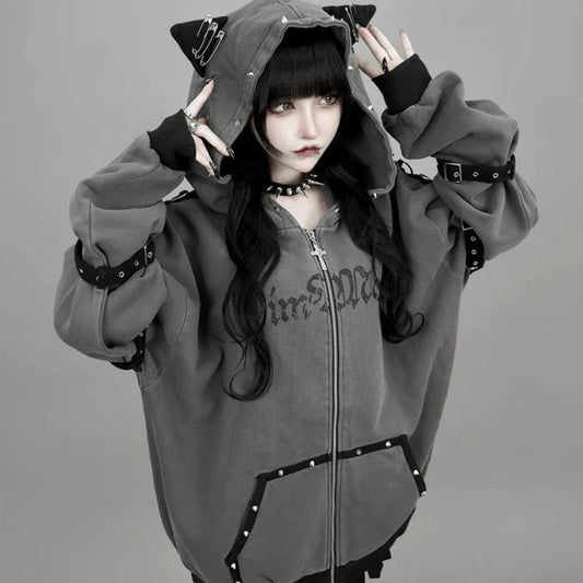 Streetwear Harajuku Hoodies Jackets Women's Clothing Hooded Punk Zipper Coat Japanese Rivet Print Fashion Casual Y2k Sweatshirts LadyShow.Store