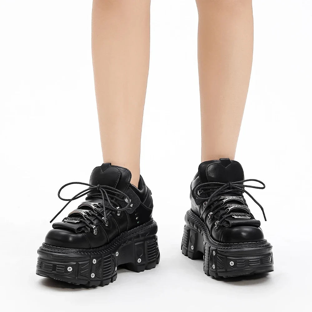2026 New Punk Style Women Shoes Lace-up Heel Height 6CM Platform Shoes Woman Gothic Ankle Rock Boots Metal Decor Woman Sneakers LadyShow.Store