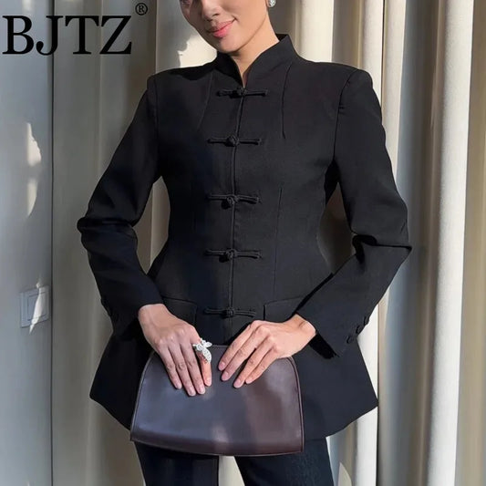 BJTZ Women Mandarin Collar Blazer Long Sleeve Frog Button Front Slim Fit Suit Jacket Casual Office Streetwear Elegant Outerwear LadyShow.Store