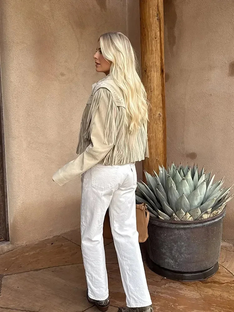 Short Pu Suede Jacket Women Fashionable New 2025 Long Sleeve Tassel Lapel Collar Cropped Slim Coat Lady Street New Outerwear LadyShow.Store