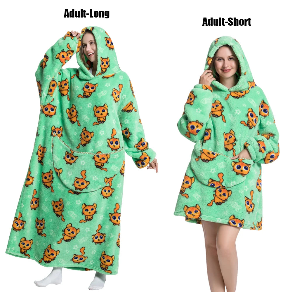 Women Plush Fleece Blanket Men Warm Thick Hoodies Adult Giant TV Blanlets with Sleeves Super Long Cold-proof Homewear Pajamas Pi-Mart