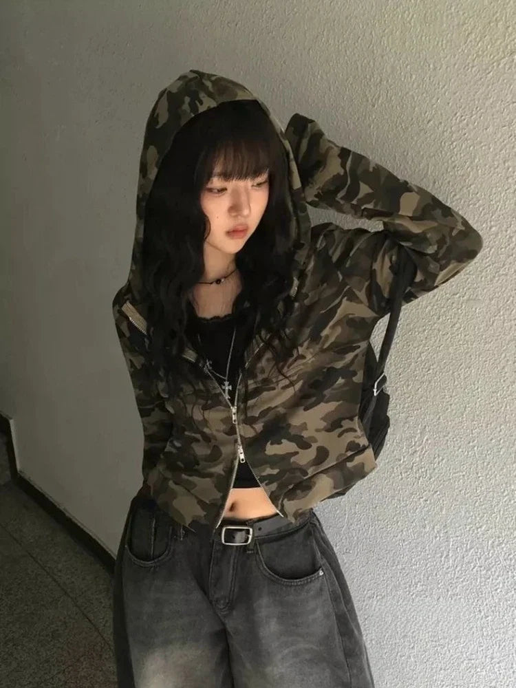 Y2k American Vintage Zip Up Hoodies 2000s Long Sleeve Subculture Hooded Sweatshirt Hot Girl Letter Short Slim Autumn Coat Chic LadyShow.Store