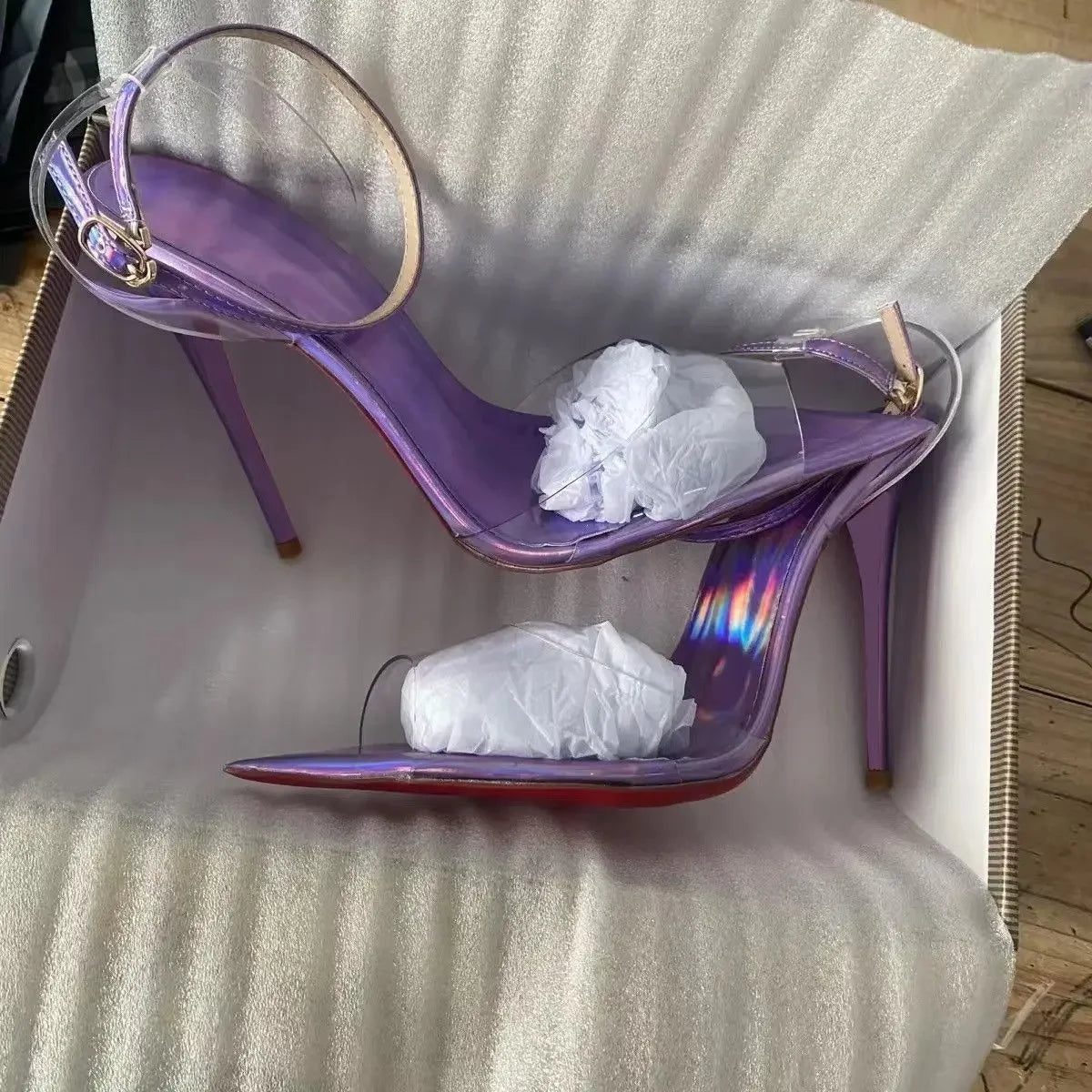 New European and American electric purple ultra soft transparent PVC sandals with straight stripes and slim heels, 12cm sexy Pi-Mart