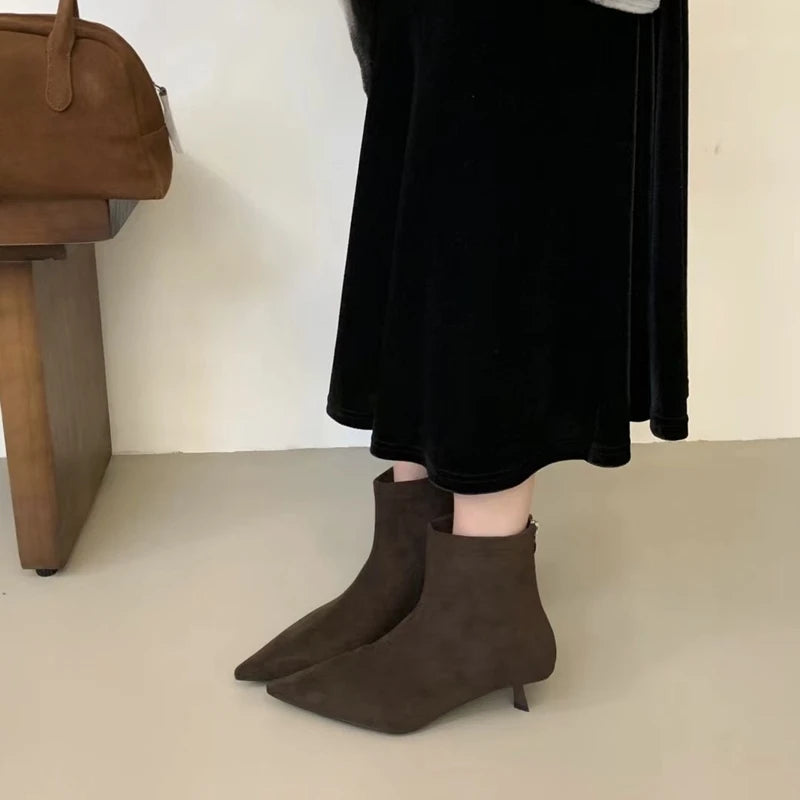 SUOJIALUN 2024 Winter New Brand Women Short Boots Fashion Pointed Toe Ladies Elegant Ankle Boots Thin High Heel Dress Pumps Shoe Pi-Mart